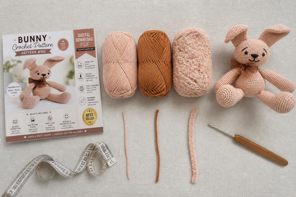 Flat lay of yarn skeins arranged by weight and fiber type on a neutral surface, showing visible differences in thickness and texture between sport weight cotton, worsted weight acrylic, and bulky chenille yarns, with a measuring tape and crochet hook