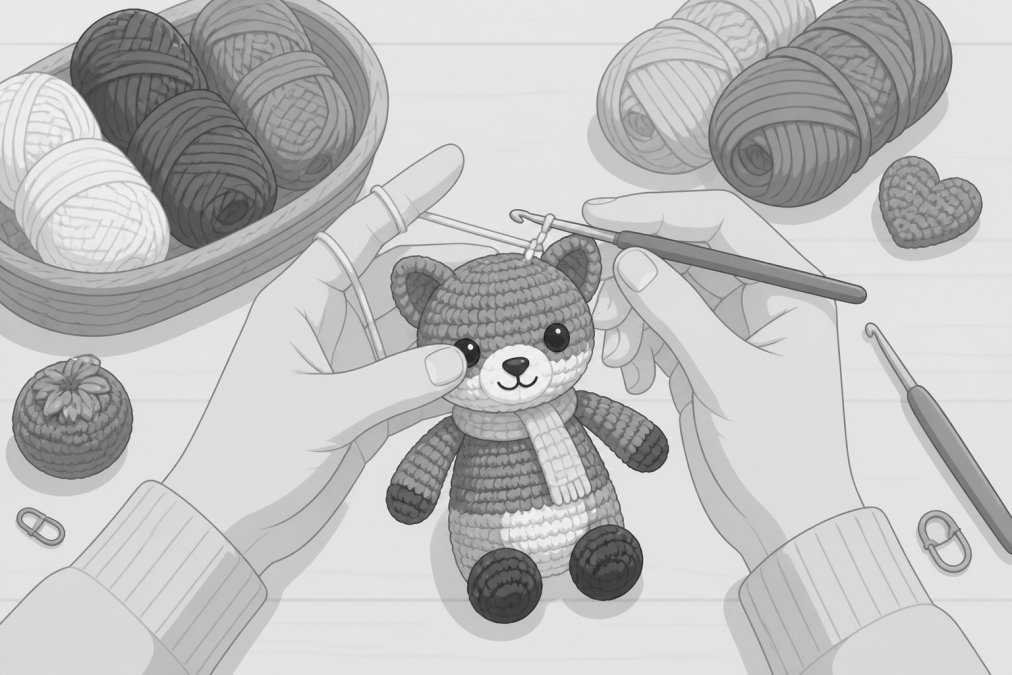 Close-up of hands crocheting a small colorful amigurumi animal doll on a wooden table, with yarn skeins in multiple colors and a crochet hook resting nearby in soft natural light