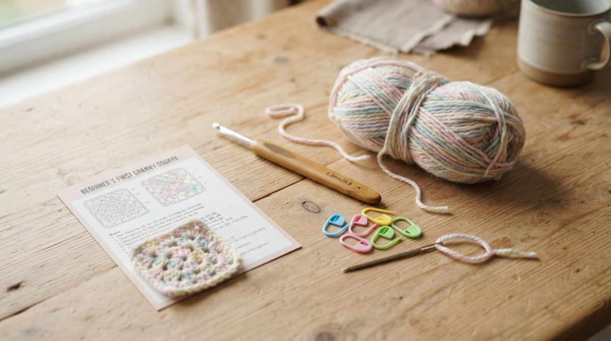 Flat lay of beginner crochet supplies arranged on a light wooden surface: a crochet hook, a skein of soft pastel yarn, stitch markers, a tapestry needle, and a small printed pattern card