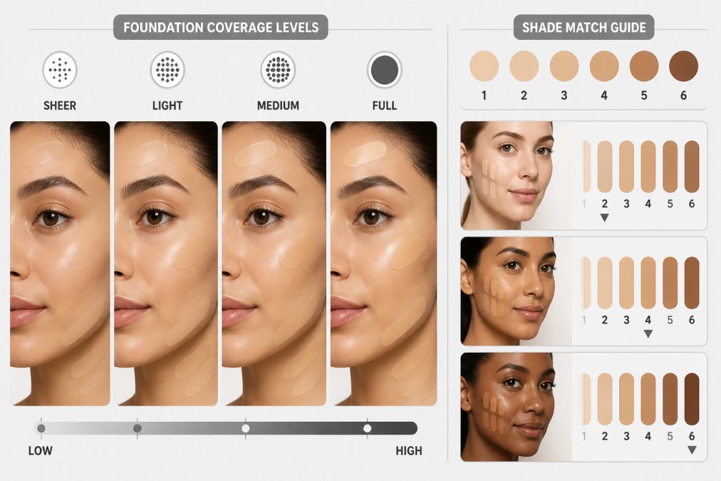 Close-up of a woman's face with foundation swatches applied to cheek, jawline, and forehead showing different coverage levels and shade matching on diverse skin tones with natural window lighting
