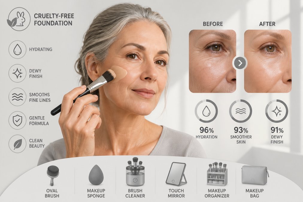Woman in her 50s applying hydrating cruelty-free foundation with a professional flat brush, showing the product's dewy finish and skin-smoothing effect on mature skin with natural morning light