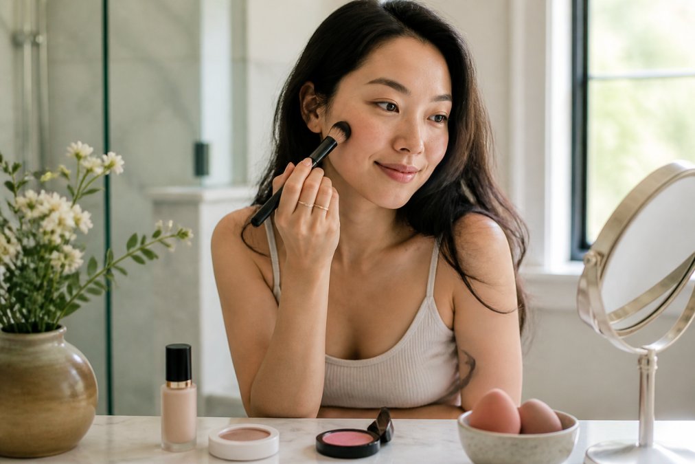 Woman with sensitive skin applying cruelty free cream blush with a soft brush in a bright bathroom.