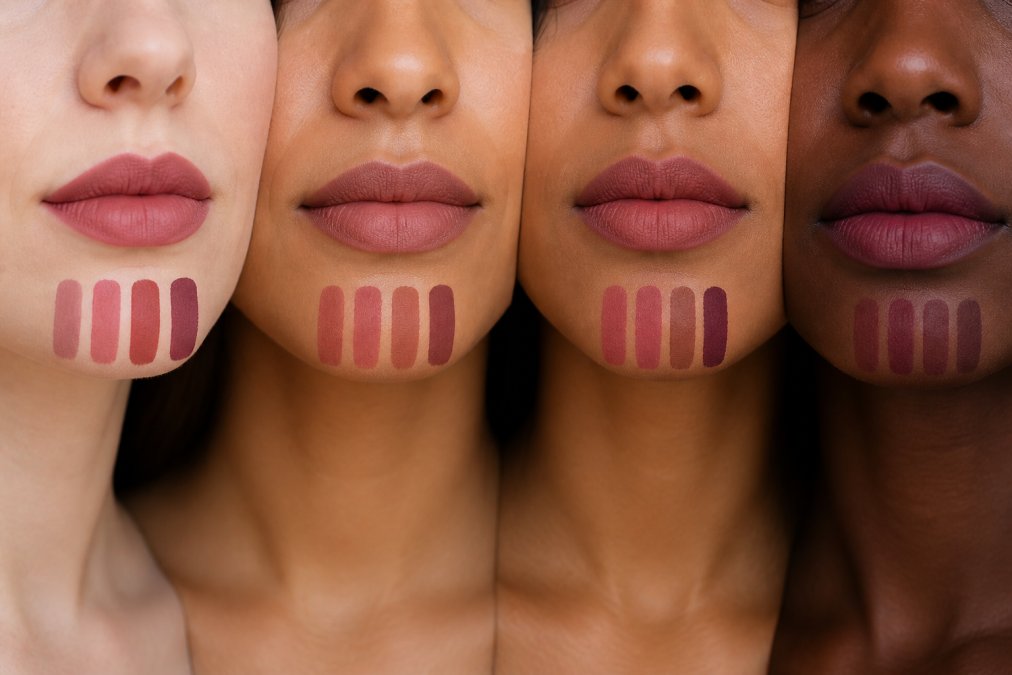 Close-up of diverse women's lips displaying different matte lipstick shades swatched on fair, medium, olive, and deep skin tones, showing color payoff variation and undertone matching in natural window lighting