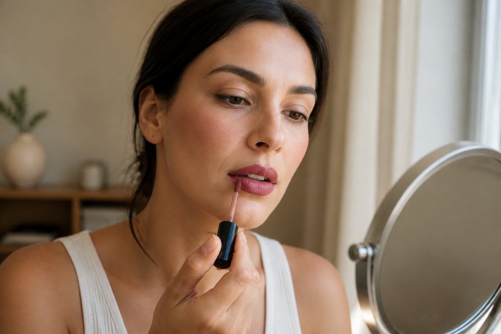 Woman applying matte liquid lipstick with precision applicator wand to clean, prepped lips in natural window lighting, showing careful line work and full coverage technique