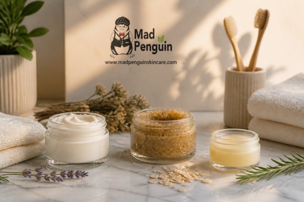 Natural skincare products arranged on a marble bathroom counter in soft morning light, showing a moisturizer jar, a face scrub, and an eye cream with visible botanical ingredients