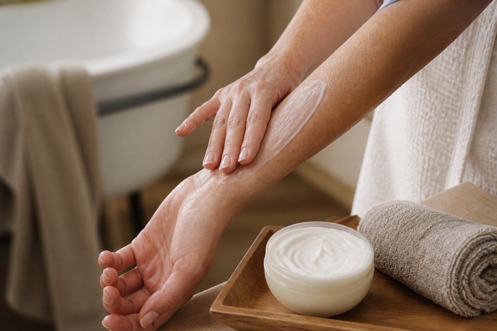 Close-up of hands gently applying creamy body butter to inner forearm skin immediately after washing, with water droplets still visible on skin surface