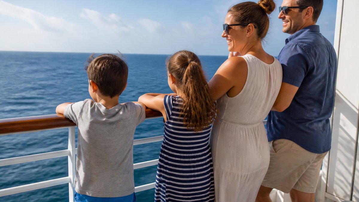 Family of four enjoying ocean view from cruise ship deck railing during daytime, parents and children smiling together with blue sea and sky in background