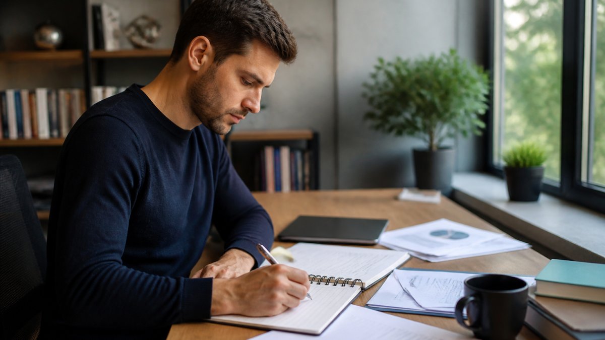 Person at desk reviewing cryptocurrency data on multiple monitors, taking detailed notes with a focused expression, natural office lighting