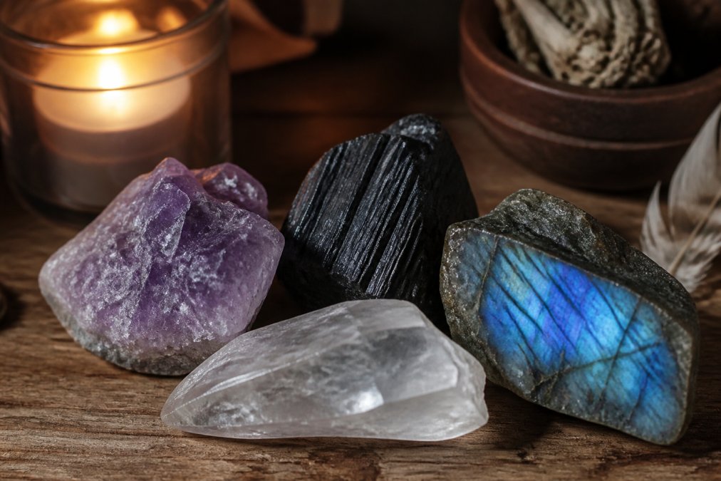 Close-up arrangement of raw amethyst, clear quartz, black tourmaline, and labradorite crystals on a wooden surface with soft candlelight illuminating the stones and casting gentle shadows