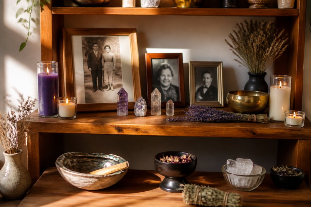 A serene ancestor altar with amethyst and clear quartz crystals, intention candles burning softly, family photographs arranged thoughtfully, and spiritual items like dried herbs and a small offering bowl arranged on a wooden shelf with warm natural light streaming across the space