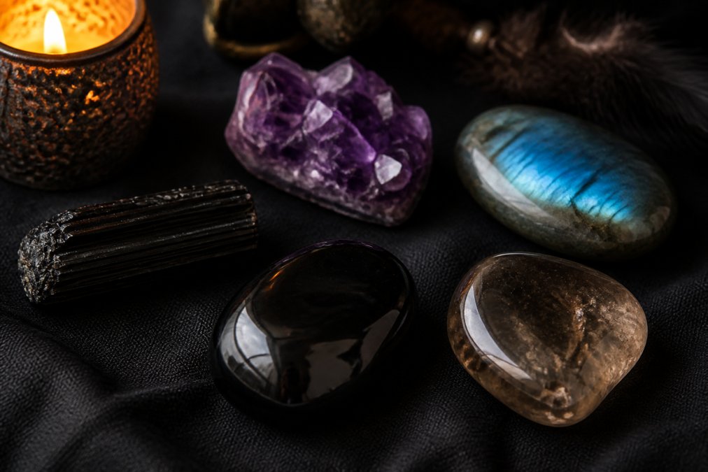 Close-up arrangement of polished black tourmaline, black obsidian, amethyst, labradorite, and smoky quartz stones on dark fabric with candlelight illuminating their surfaces