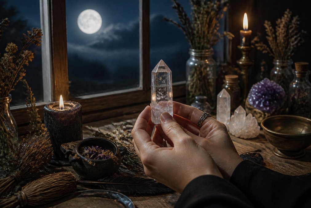 Hands holding a clear quartz point under moonlight near a window with ritual items including candles and herbs arranged on an altar surface