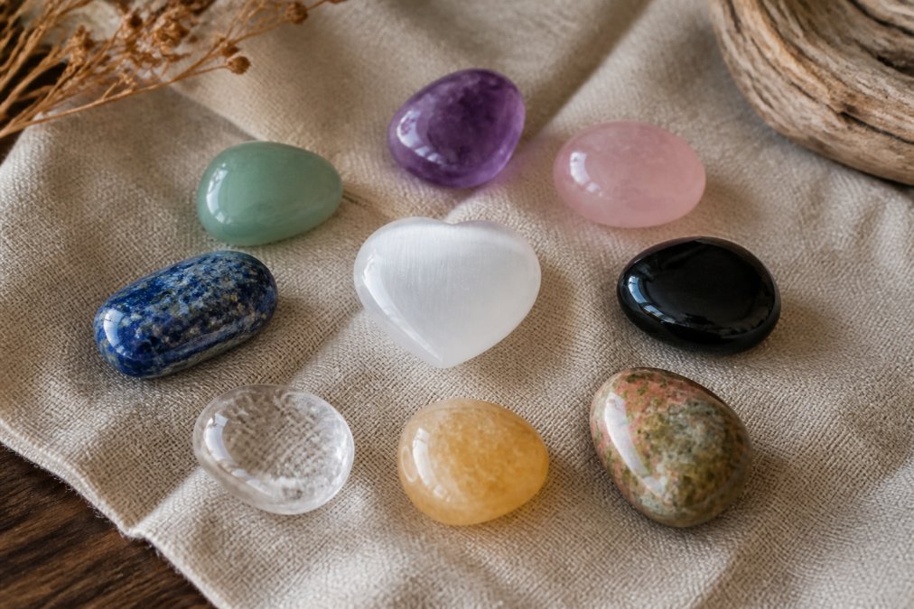 A close-up, natural light photograph of several tumbled stones arranged on a linen cloth next to a small white selenite heart, soft shadows, warm neutral tones, no text or labels