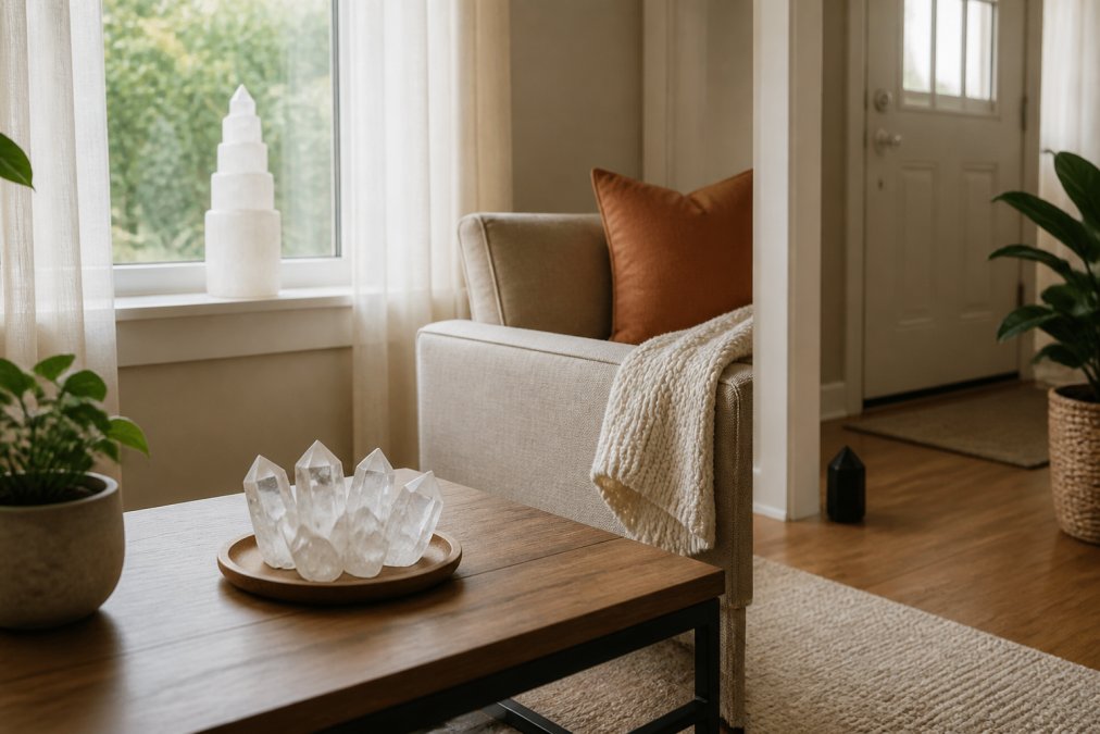 A serene living room scene showing a selenite tower on a windowsill, a cluster of clear quartz on a coffee table, and a small black tourmaline near the entryway, with soft natural light filtering through sheer curtains