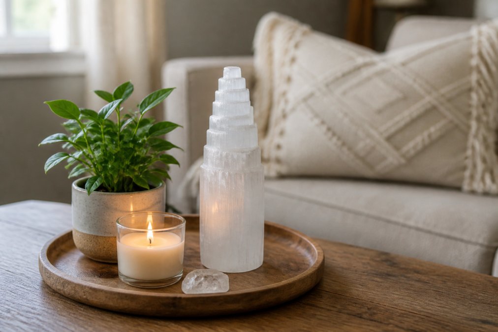 A serene living room corner with a selenite tower on a wooden tray next to a lit candle and a small plant, soft natural light
