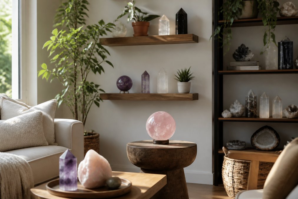 A serene living room with polished crystal spheres and towers arranged on floating shelves, side tables, and a bookcase, showing natural light catching the stones and creating visual balance in neutral and warm tones