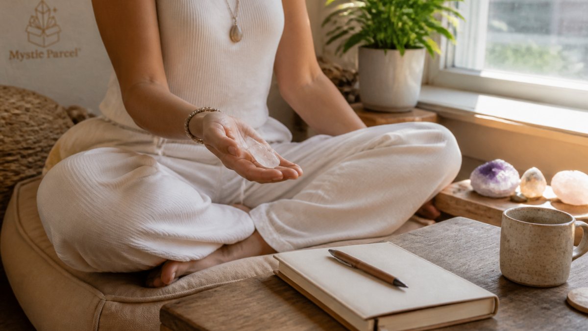 Step-by-step guide illustrating a morning routine for mindful crystal use while journaling
