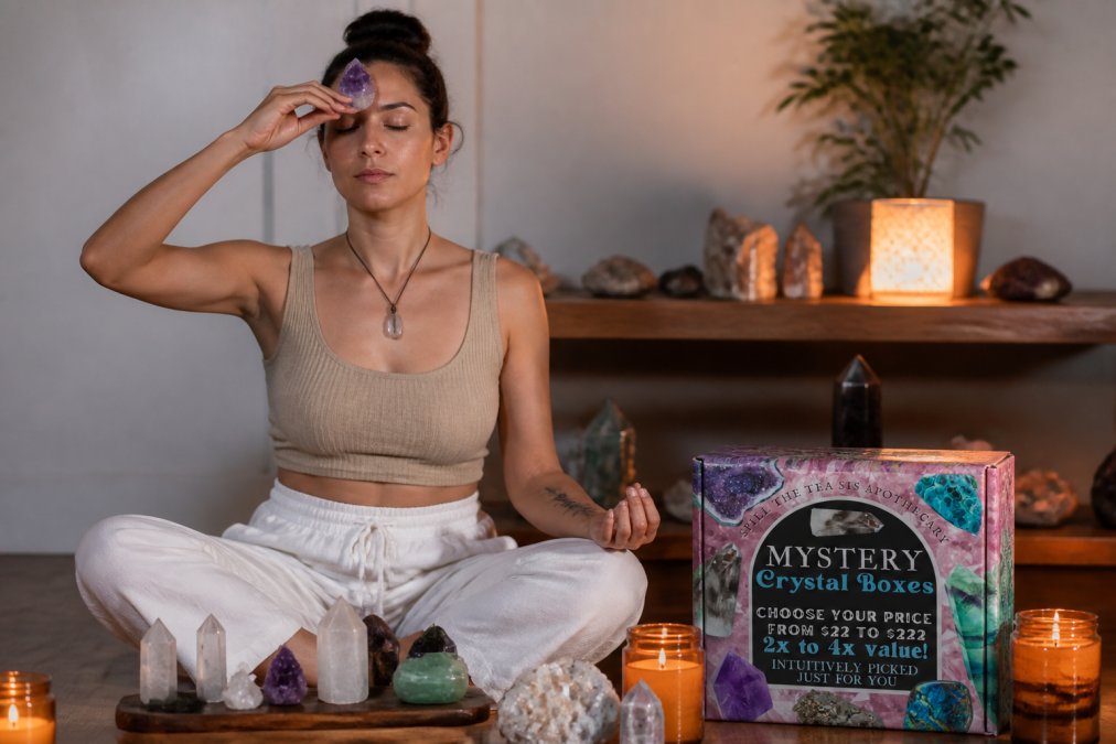 A person sitting cross-legged in a peaceful meditation pose, holding an amethyst crystal to their Third Eye Chakra, surrounded by lit candles and arranged crystals on a wooden surface in a softly lit room