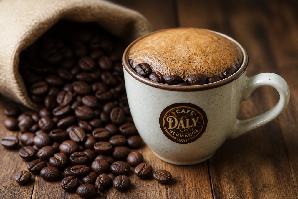 Close-up of dark roasted Cuban coffee beans in a ceramic demitasse cup with thick caramel-colored espuma foam on top, showing rich color and authentic texture characteristic of cafecito, natural morning light on wooden surface
