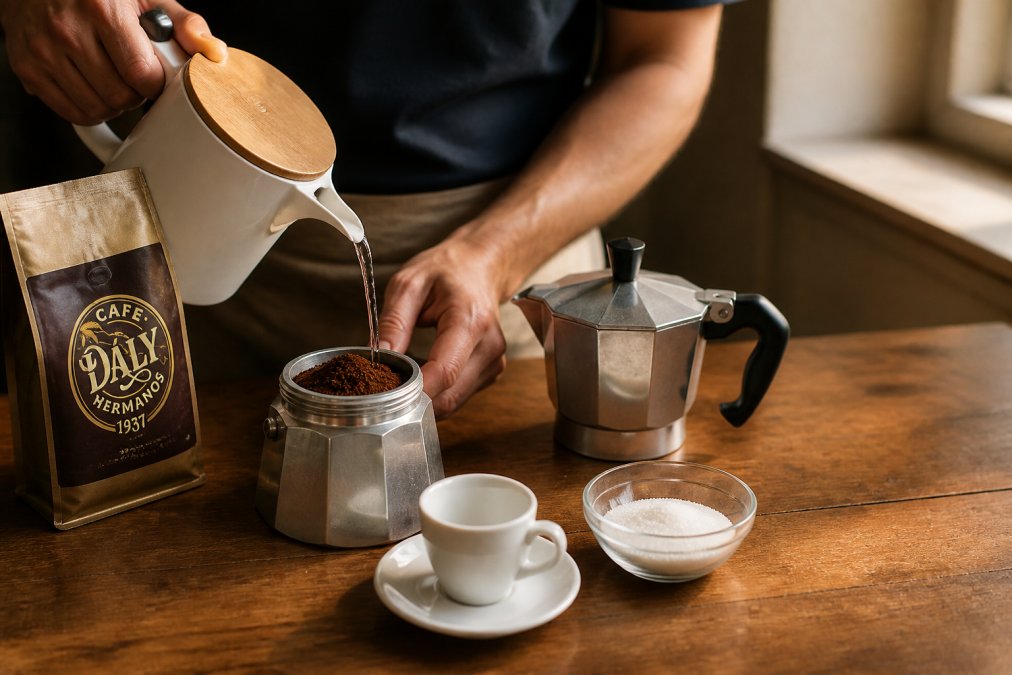 Hands pouring hot water into a moka pot filled with finely ground dark roasted coffee, with a demitasse cup and small bowl of white sugar ready nearby on a wooden surface, morning natural light