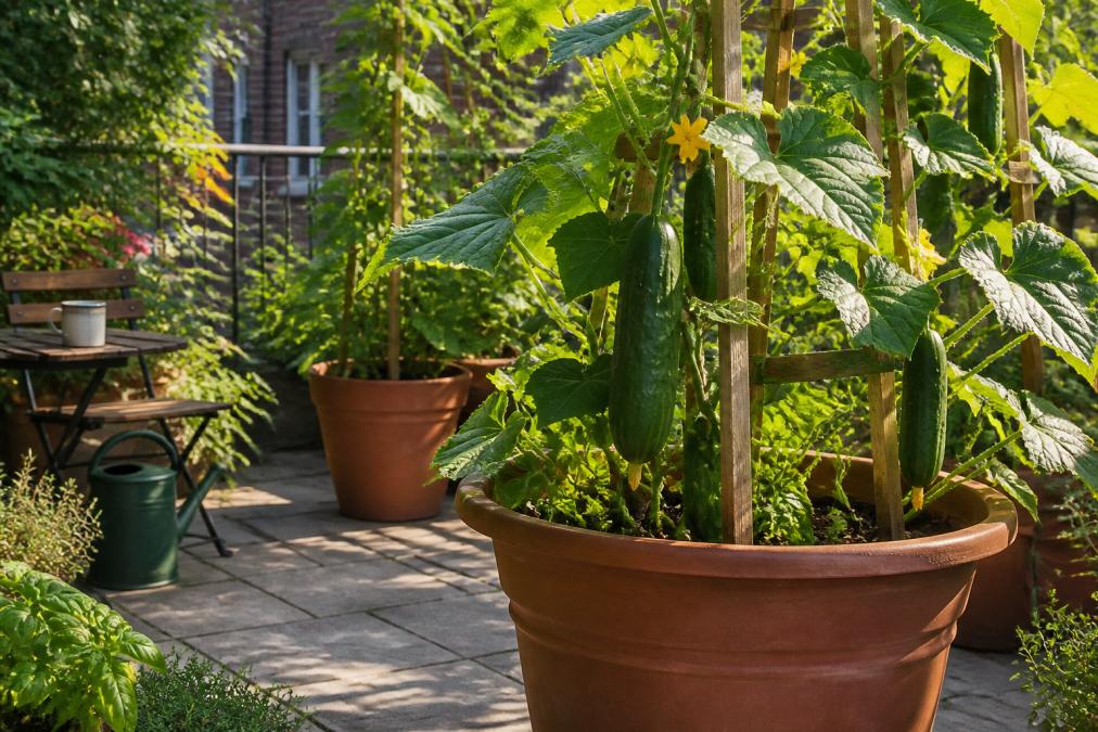 Healthy cucumber plants growing on a sunny patio using wooden trellises, representing the best cucumber varieties for