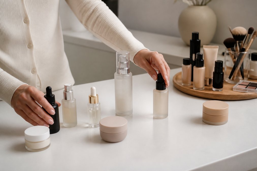 Close-up of hands carefully arranging premium skincare and makeup products on a minimalist white surface, showing intentional curation and product selection
