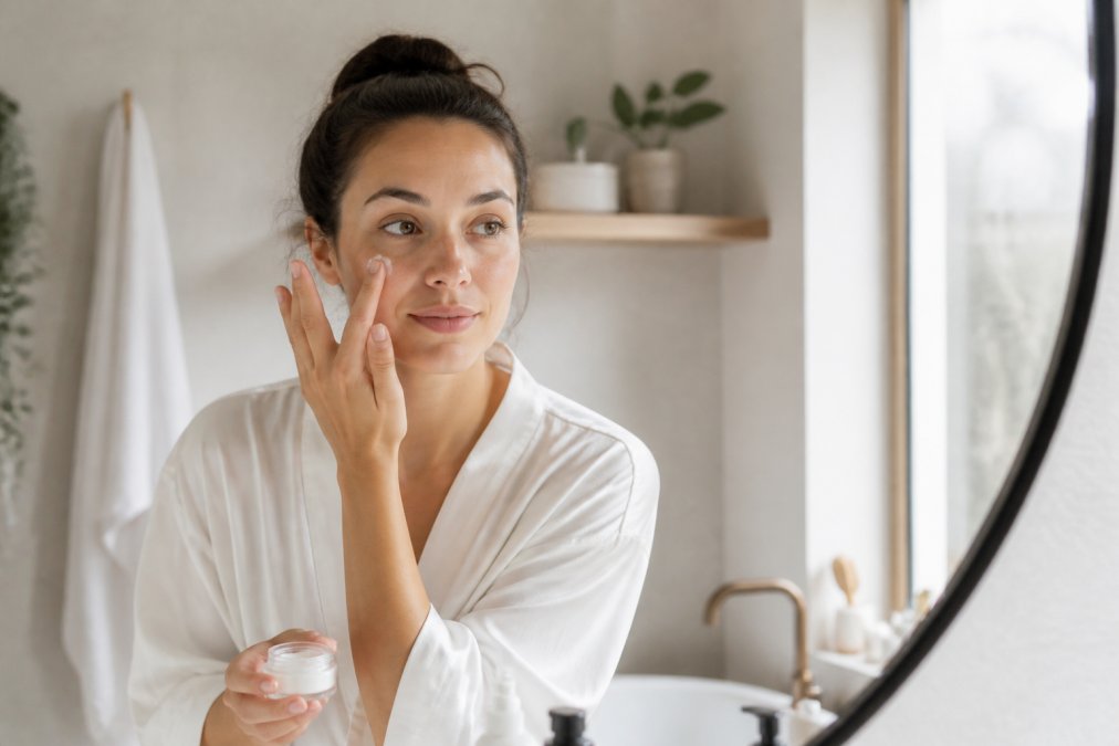 Woman applying skincare product in a serene bathroom setting with natural light, demonstrating a focused beauty ritual with essential products
