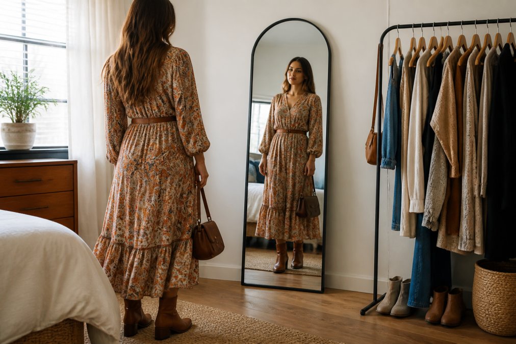 Woman in a bohemian maxi dress and boots styling curated boutique clothing in front of a bedroom mirror