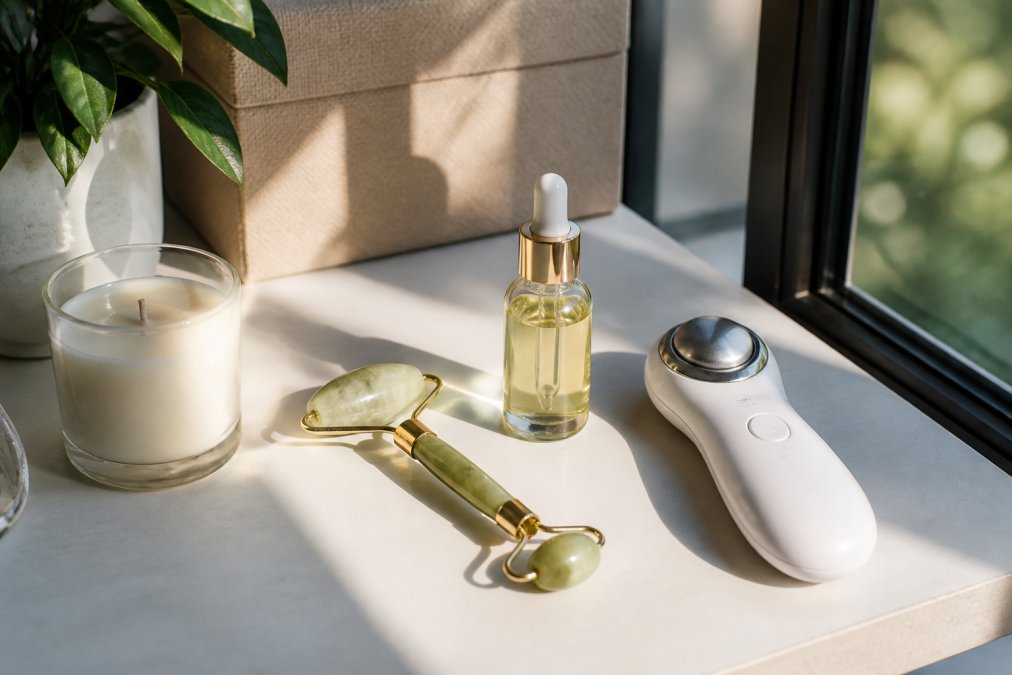 A bright, modern flat lay of wellness and beauty products on a clean surface: a jade roller, a small bottle of serum, a candle, and a self-care gadget, with soft natural light from a nearby window