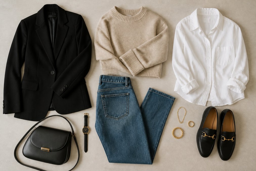 Flat lay of versatile wardrobe basics including tailored blazer, high-waist jeans, neutral knit sweater, white button-down shirt, and coordinating accessories arranged on a light neutral background