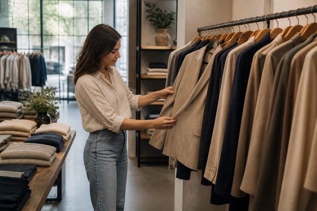 Woman browsing a carefully curated clothing rack in a modern boutique, examining a tailored blazer, with neatly folded pieces and thoughtful merchandising visible in soft natural lighting