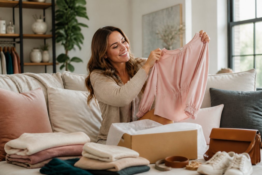 A stylish woman in her 30s unboxing a curated fashion delivery at home, holding up a new blouse with a smile, surrounded by neatly folded clothing and accessories on a bright living room sofa