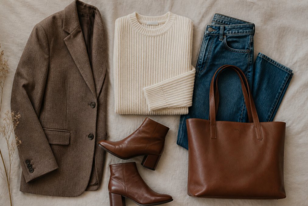 A blazer, jeans, sweater, and boots laid out as curated fashion essentials for a versatile wardrobe.