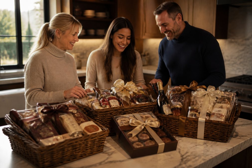 Gourmet curated gift baskets with chocolates and artisan treats arranged on a marble countertop
