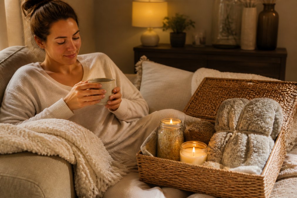A woman relaxing on a couch in warm evening light with an open self-care gift basket beside her, featuring a lit candle, bath salts, and a folded soft blanket