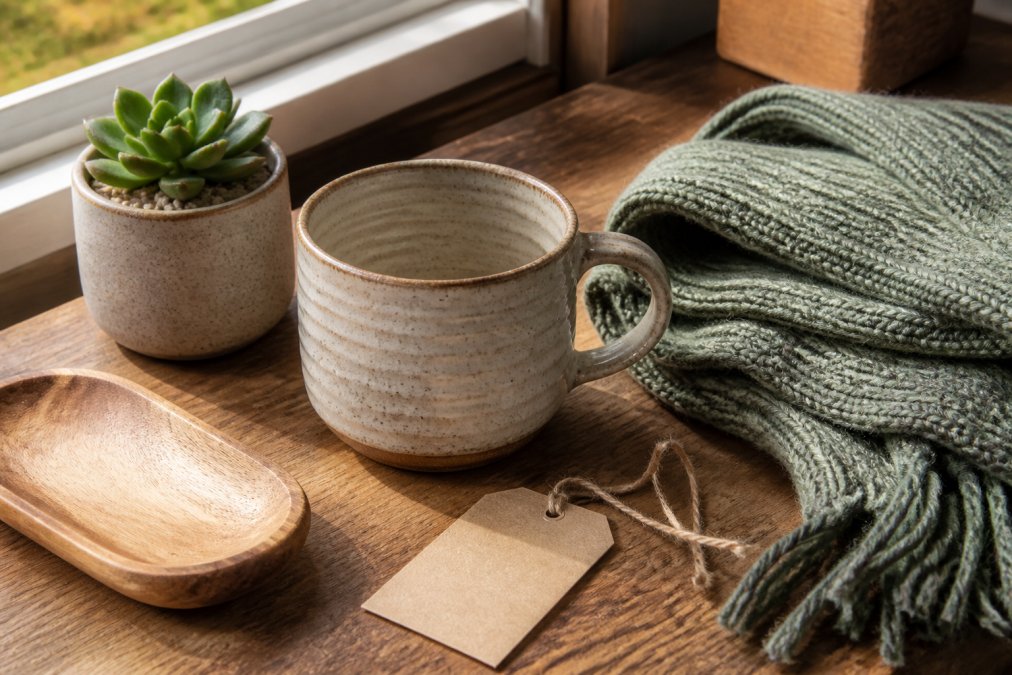 Diagram of essential elements found in curated gift shops featuring artisan ceramics, textiles, and greenery.