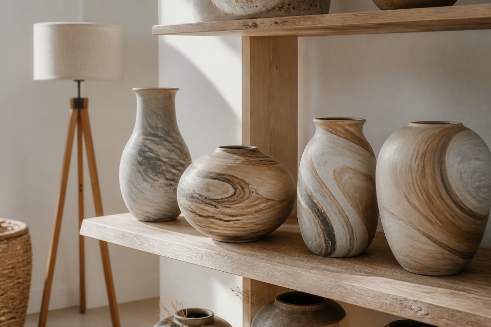 Close-up of artisan ceramic vases with organic swirls and natural glazes displayed on a wooden shelf with soft natural light highlighting the handcrafted textures and unique variations in each piece