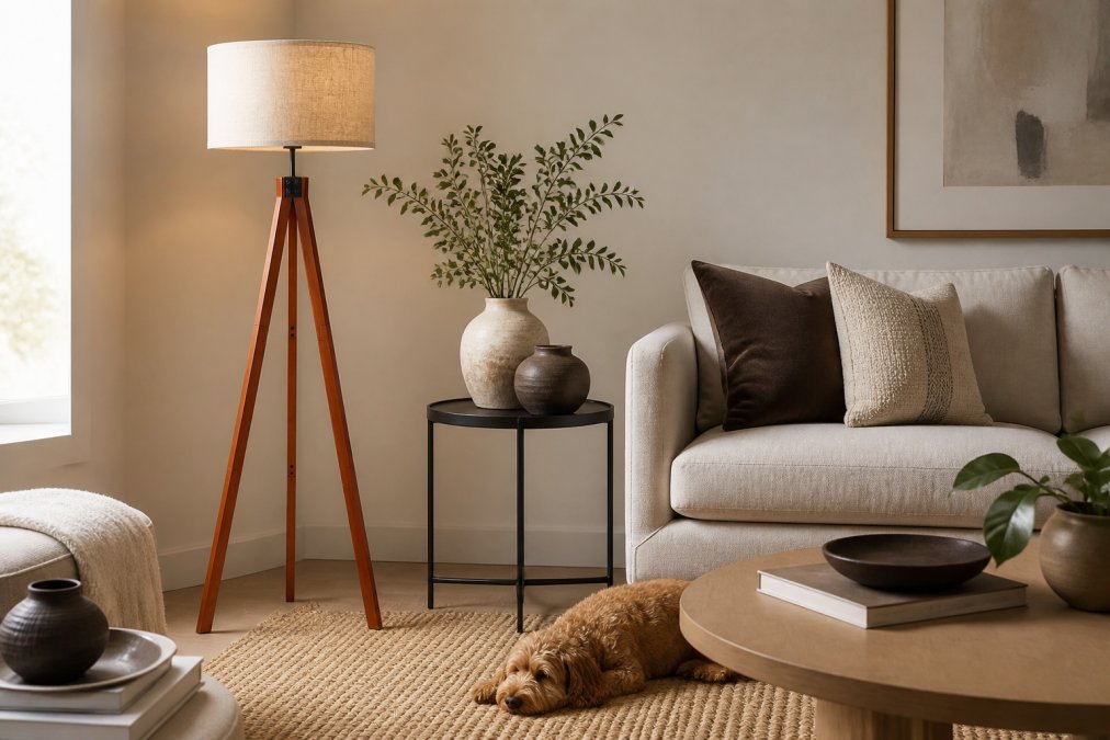 A thoughtfully styled living room corner featuring a brass floor lamp with warm globes, a textured jute rug, and ceramic vases arranged together on a side table, showing how curated pieces create visual harmony and balance