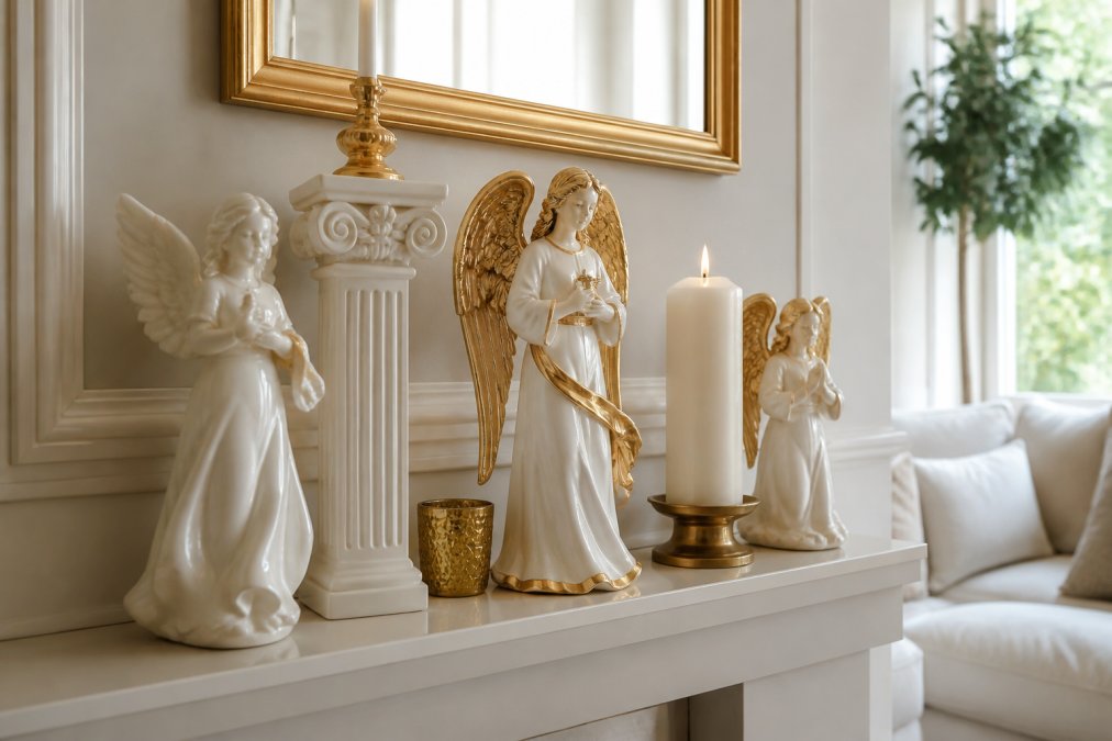 A styled shelf in a bright living room featuring white and gold angel figurines, a Roman column ornament, and a lit pillar candle, with soft natural light and a neutral color palette