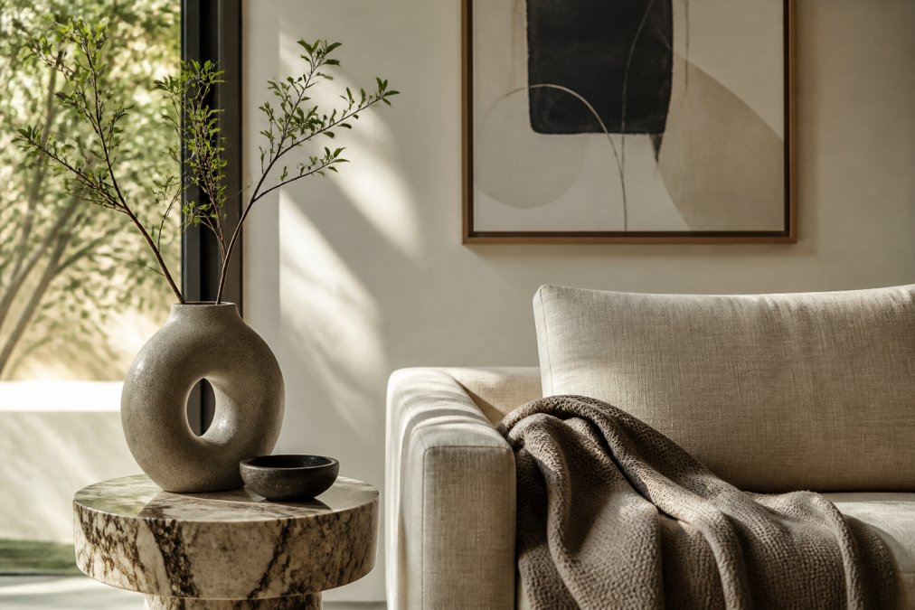 A sunlit living room corner with a sculptural ceramic vase on a marble side table, a textured throw draped over a linen armchair, and a framed abstract art piece on the wall