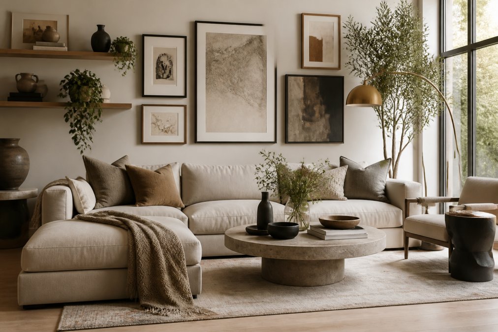 A stylishly decorated modern living room featuring a statement sofa in neutral tones, sculptural floor lamp with brass accents, gallery wall with curated art pieces, and layered textures with throw pillows and plants on floating shelves with warm natural lighting