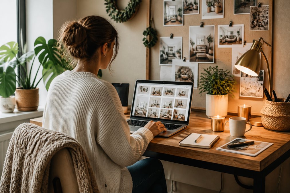 A young adult sitting at a wooden desk with a laptop, browsing home decor websites with inspiration mood board pinned above, surrounded by cozy apartment elements including potted plants, warm desk lamp, and textured throw blanket draped over chair