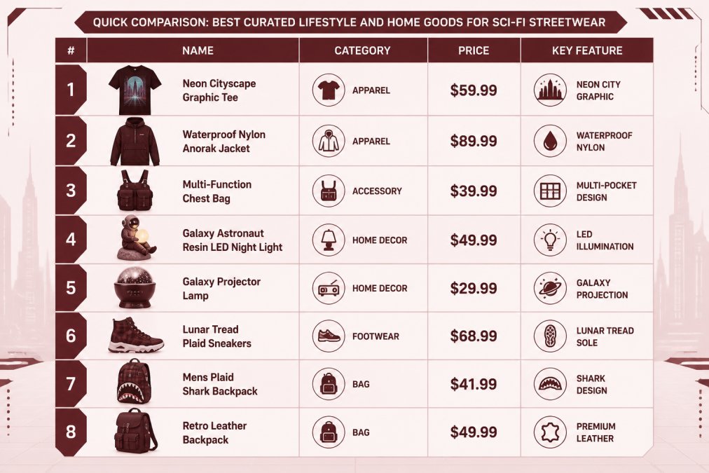 Comparison chart of Planet iZM sci-fi streetwear apparel and home decor products, detailing prices and features.