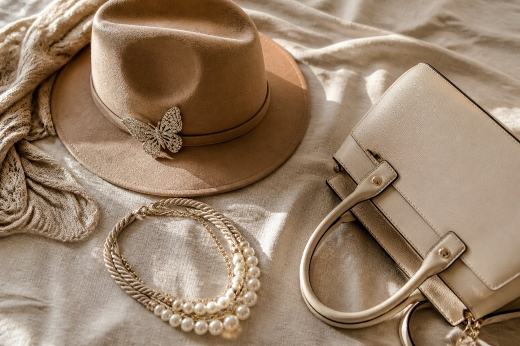 Flat lay of curated accessories including a structured fedora hat with rhinestone butterfly detail, a rope and pearl necklace, and a practical everyday handbag arranged on a neutral linen surface with soft natural window lighting