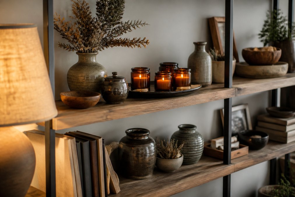 Styled home interior shelf displaying curated vintage and modern decorative objects, artisan candles in amber glass jars, dried botanicals, and decorative ceramics arranged with warm ambient lighting from a nearby lamp
