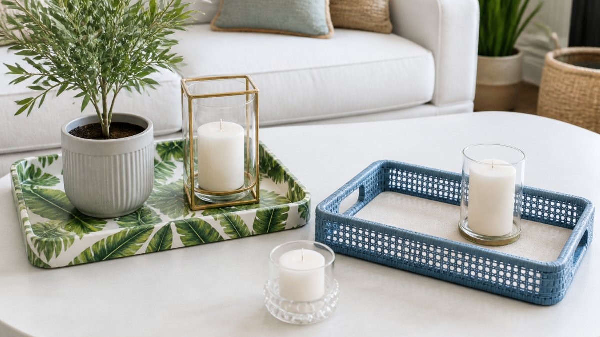 Styled tabletop scene featuring a botanical square tray with lush banana leaf prints, blue cane vanity tray, and decorative candles arranged on a white coffee table in a bright, naturally lit modern living room