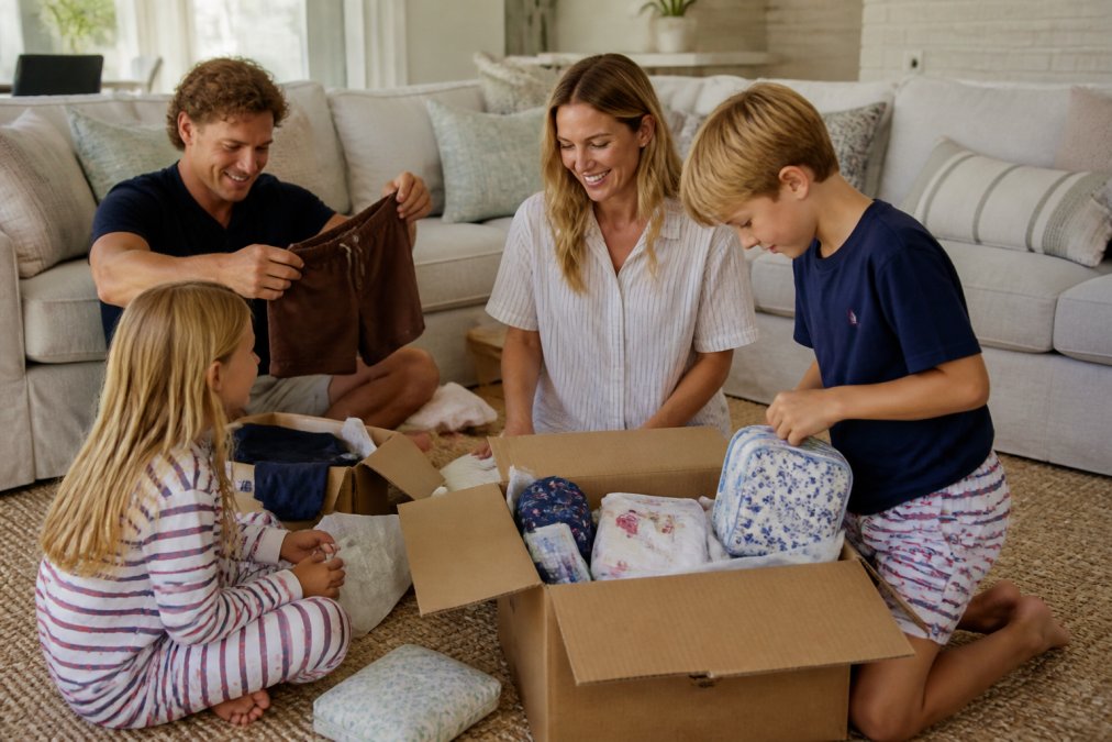 Family of four unpacking curated lifestyle goods together on a living room floor, with handcrafted items, clothing, and home accessories visible on a neutral background