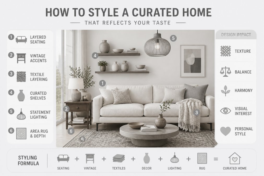 Modern living room with layered textures featuring a cream linen sofa, vintage wooden side table, chunky knit throw, ceramic vessels on floating shelves, statement pendant lighting, and a patterned area rug creating depth and visual interest with natural window light