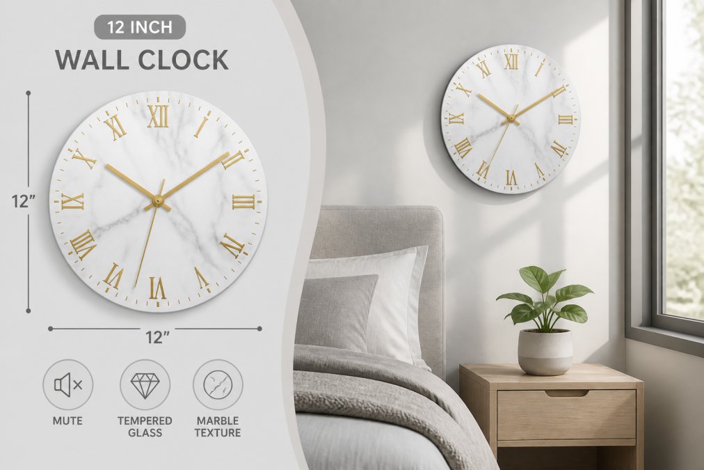 Close-up of a modern 12-inch tempered glass wall clock with white marble texture and gold Roman numerals hanging in a minimalist bedroom with soft natural light streaming from a window, complemented by a small potted plant on a light wood nightstand