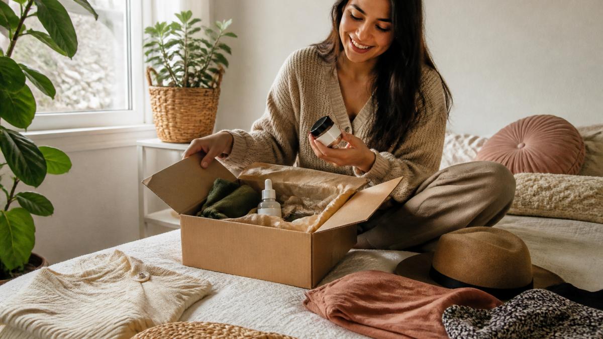 Woman opening a curated subscription box at home, surrounded by lifestyle products including skincare, clothing, and accessories, natural daylight from a window